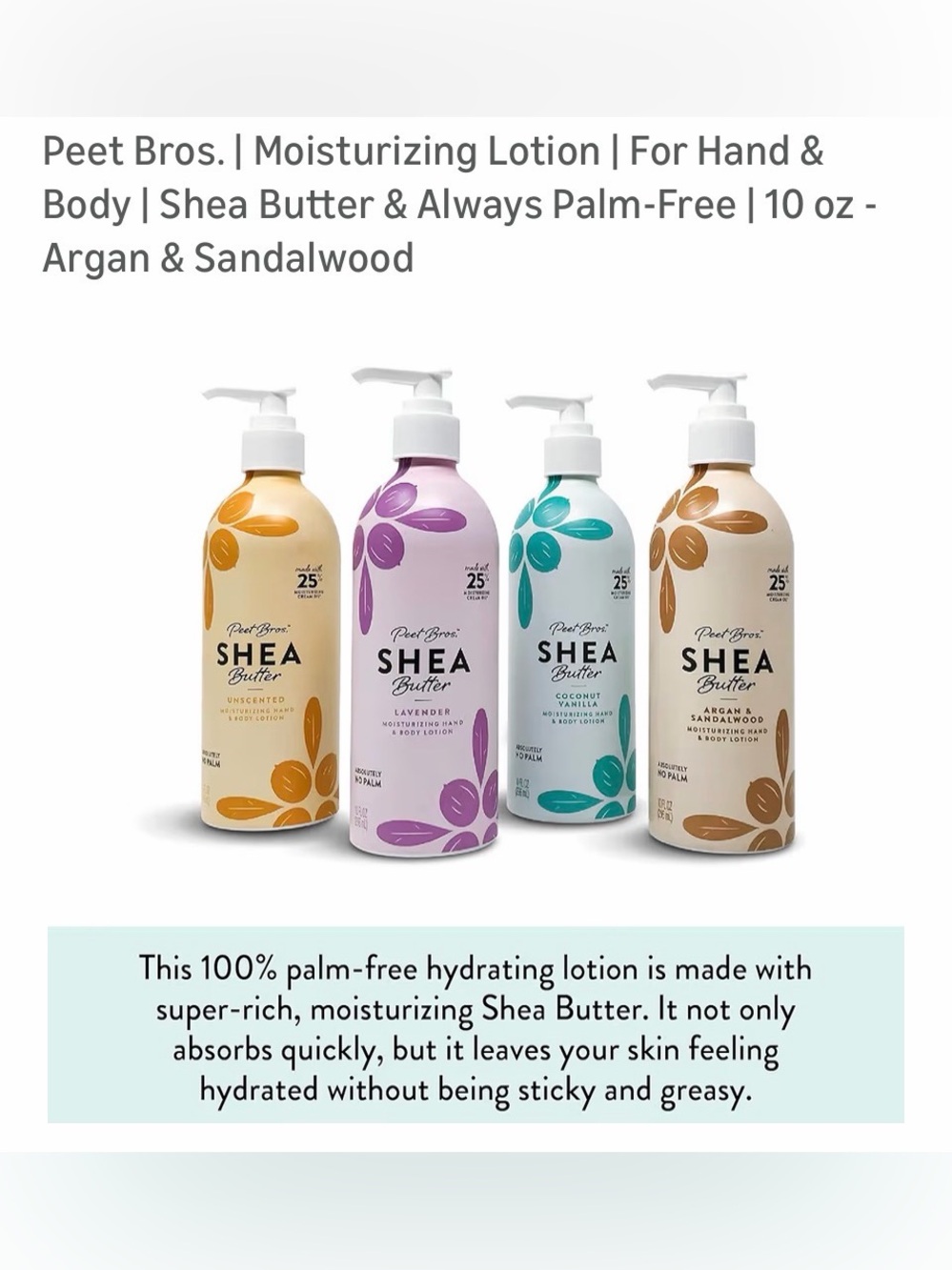 Peet Bros Shea Butter Moisturizing Lotion  3 pack 
Great scents and hydration